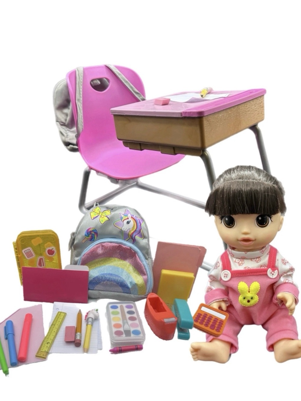 Pink School Playset with Doll, Chair, Desk and Accessories